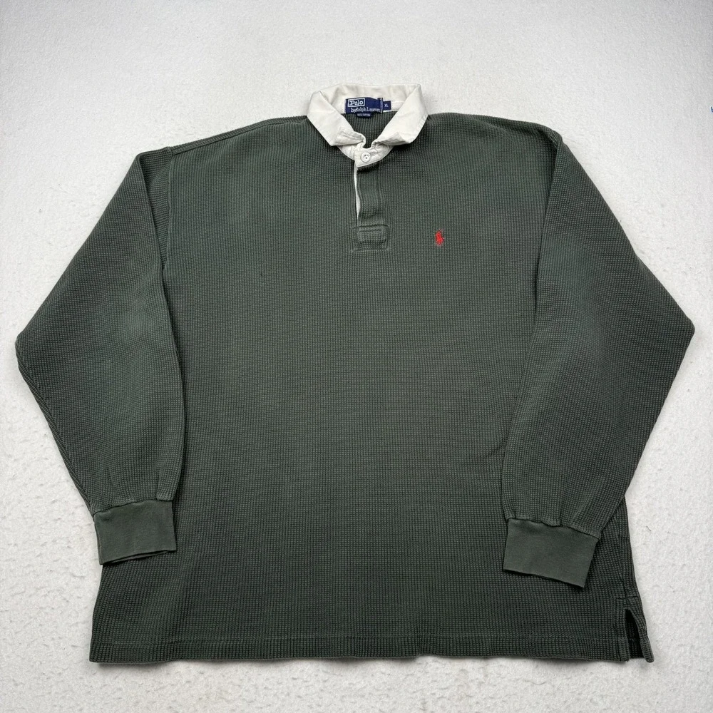 Polo By Ralph Lauren Polo Shirt Mens XL Green Waffle Knit Long Sleeve Pony Logo